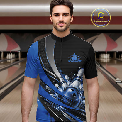 Custom Black And Blue Bowling Jersey For Men, Bowling League Team Quarter Zip Shirt IPHW12830