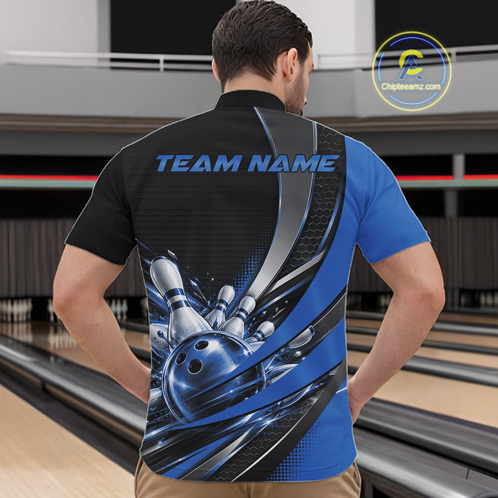 Custom Black And Blue Bowling Jersey For Men, Bowling League Team Quarter Zip Shirt IPHW12830