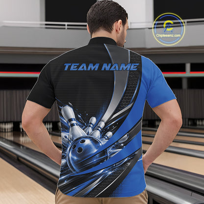 Custom Black And Blue Bowling Jersey For Men, Bowling League Team Quarter Zip Shirt IPHW12830