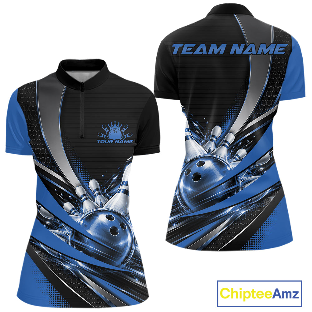 Custom Black And Blue Bowling Jersey For Women, Bowling League Team Quarter-Zip Shirt IPHW12830