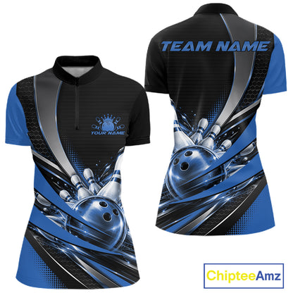 Custom Black And Blue Bowling Jersey For Women, Bowling League Team Quarter-Zip Shirt IPHW12830