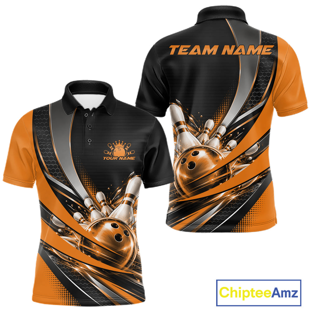 Custom Black And Orange Bowling Jersey For Men, Bowling League Team Polo Shirt IPHW12831