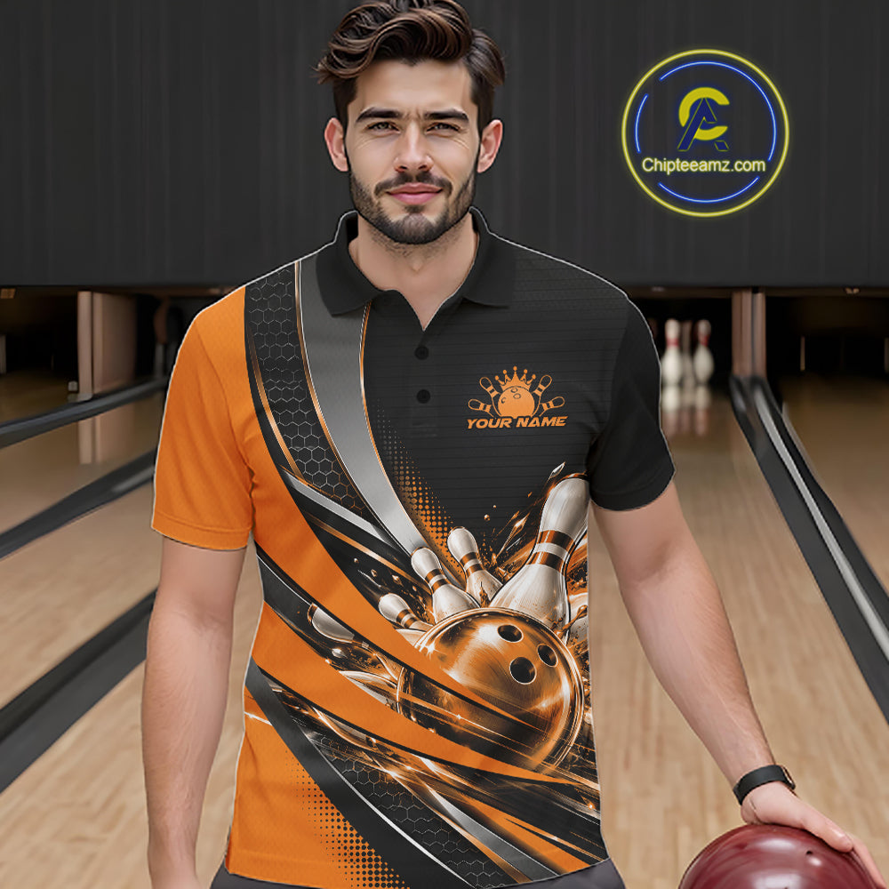 Custom Black And Orange Bowling Jersey For Men, Bowling League Team Polo Shirt IPHW12831