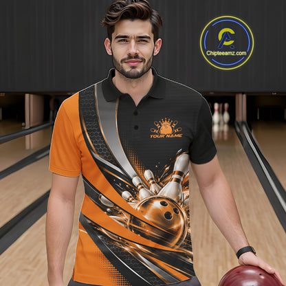 Custom Black And Orange Bowling Jersey For Men, Bowling League Team Polo Shirt IPHW12831