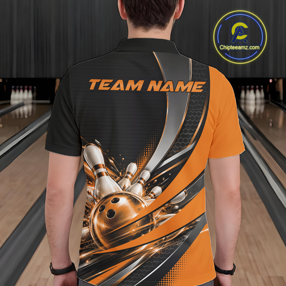 Custom Black And Orange Bowling Jersey For Men, Bowling League Team Polo Shirt IPHW12831