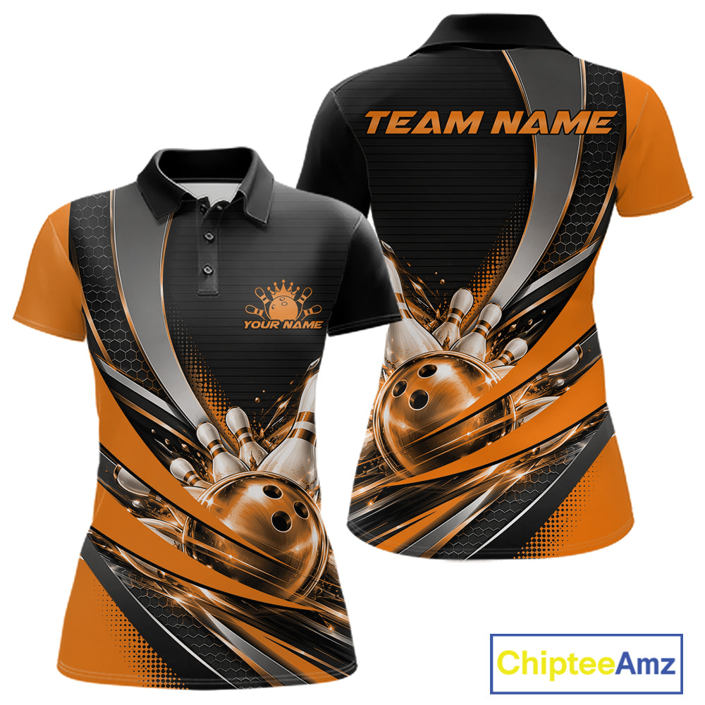Custom Black And Orange Bowling Jersey For Women, Bowling League Team Polo Shirt IPHW12831