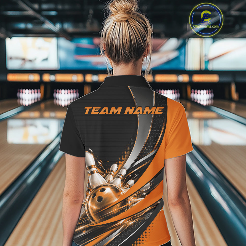 Custom Black And Orange Bowling Jersey For Women, Bowling League Team Polo Shirt IPHW12831