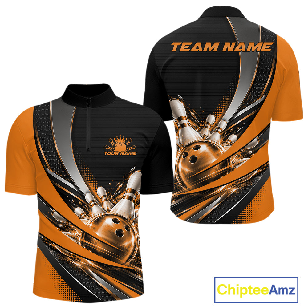 Custom Black And Orange Bowling Jersey For Men, Bowling League Team Quarter Zip Shirt IPHW12831