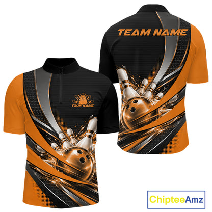 Custom Black And Orange Bowling Jersey For Men, Bowling League Team Quarter Zip Shirt IPHW12831