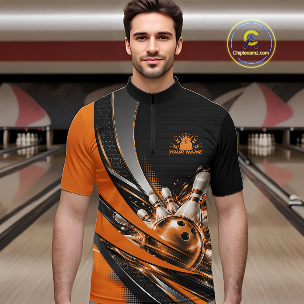 Custom Black And Orange Bowling Jersey For Men, Bowling League Team Quarter Zip Shirt IPHW12831