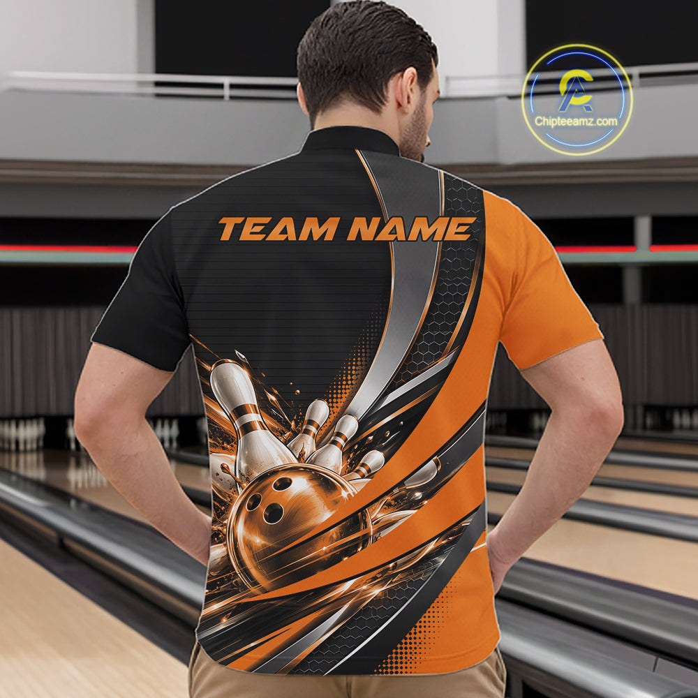 Custom Black And Orange Bowling Jersey For Men, Bowling League Team Quarter Zip Shirt IPHW12831