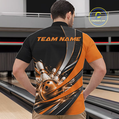 Custom Black And Orange Bowling Jersey For Men, Bowling League Team Quarter Zip Shirt IPHW12831