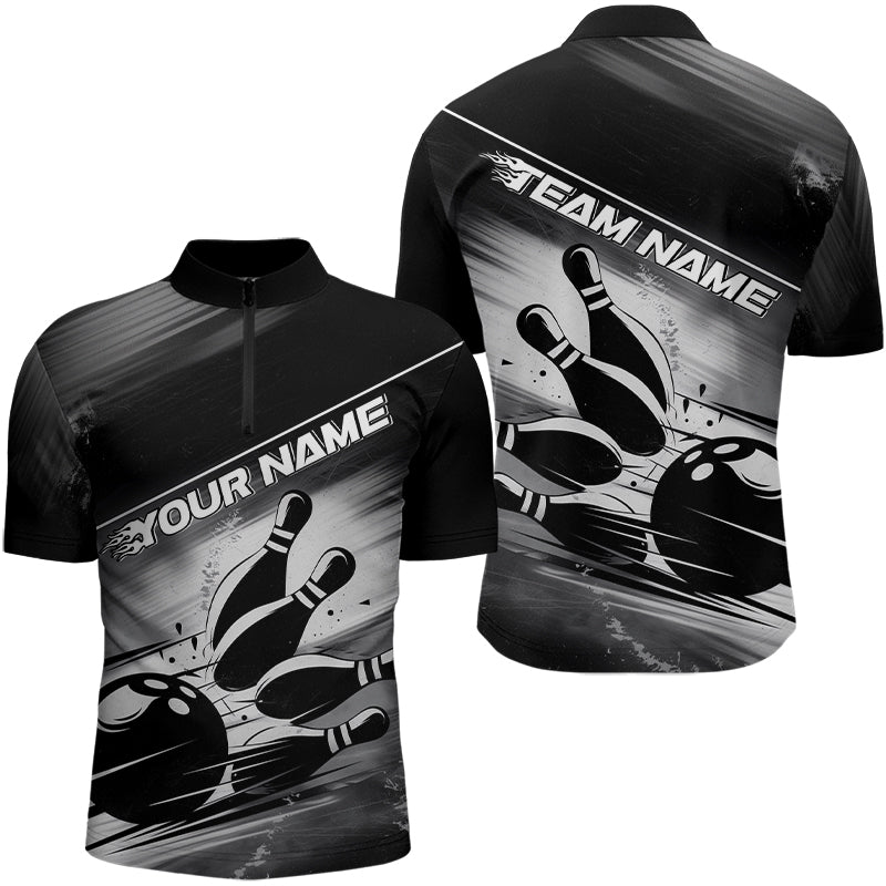 Custom Black And White Vintage Bowling Quarter-Zip Shirts For Men, Bowling Team Shirts IPHW8040