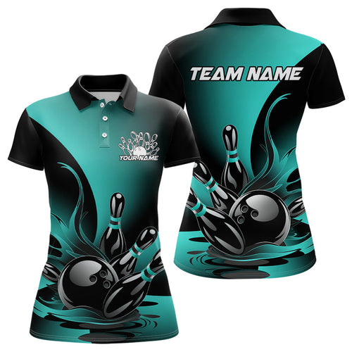 Custom Blue And Black Flame Bowling Polo Shirts For Women, Bowling League Shirt Outfit IPHW8047