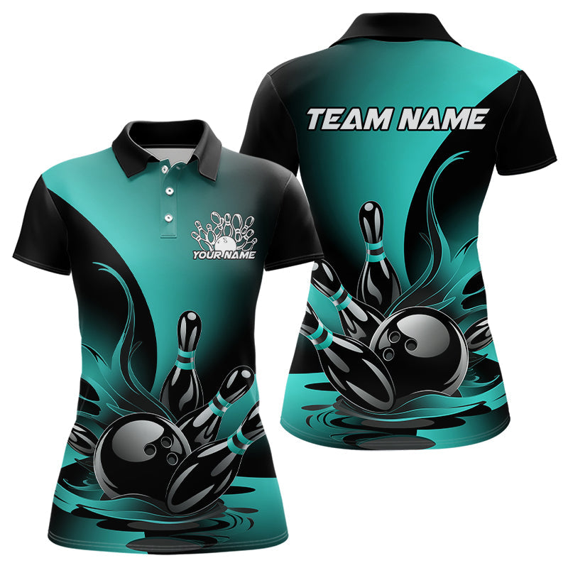Custom Blue And Black Flame Bowling Polo Shirts For Women, Bowling League Shirt Outfit IPHW8047