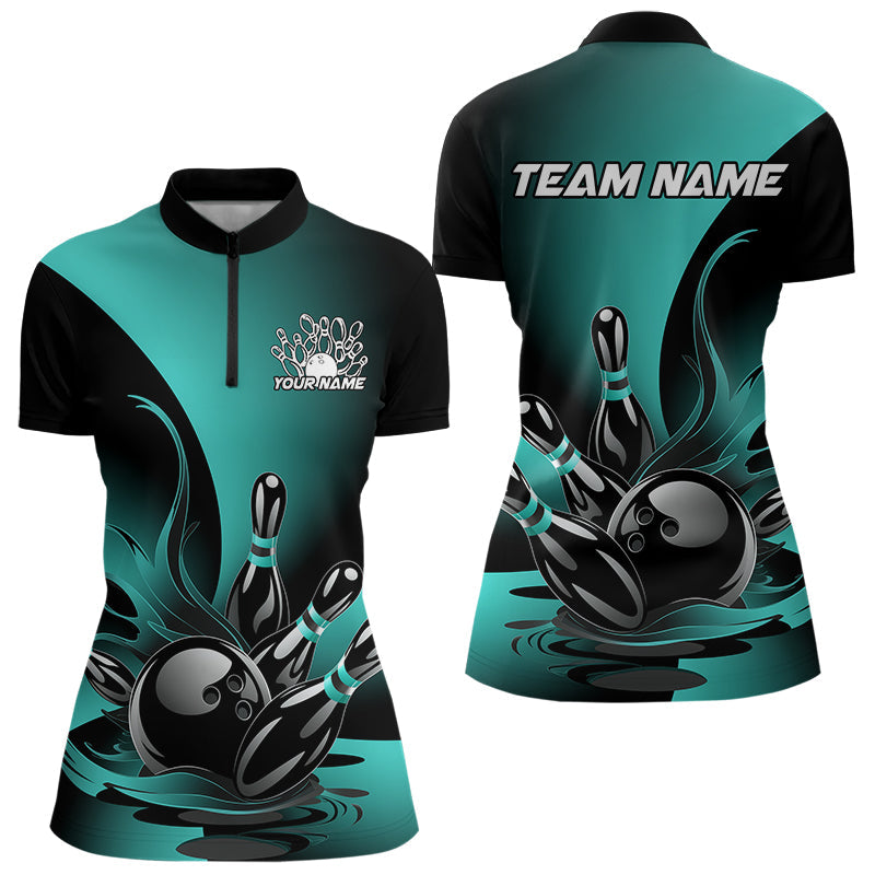 Custom Blue And Black Flame Bowling Quarter-Zip Shirts For Women, Ladies Bowling Shirt IPHW8047