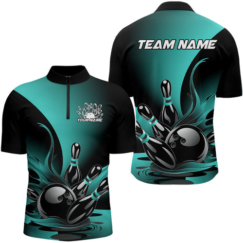 Custom Blue And Black Flame Bowling Quarter-Zip Shirts For Men, Bowling League Shirt Outfit IPHW8047