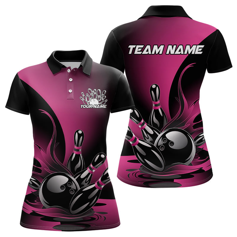 Custom Pink And Black Flame Bowling Polo Shirts For Women, Bowling League Shirt Outfit IPHW8048