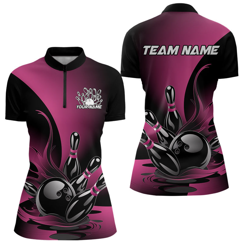 Custom Pink And Black Flame Bowling Quarter-Zip Shirts For Women, Ladies Bowling Shirt IPHW8048