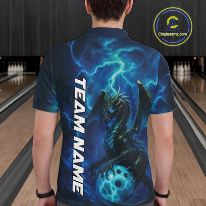 Custom Blue Thunder Lightning Bowling Team Men Polo Shirt, Dragon Bowling Jerseys IPHW10194