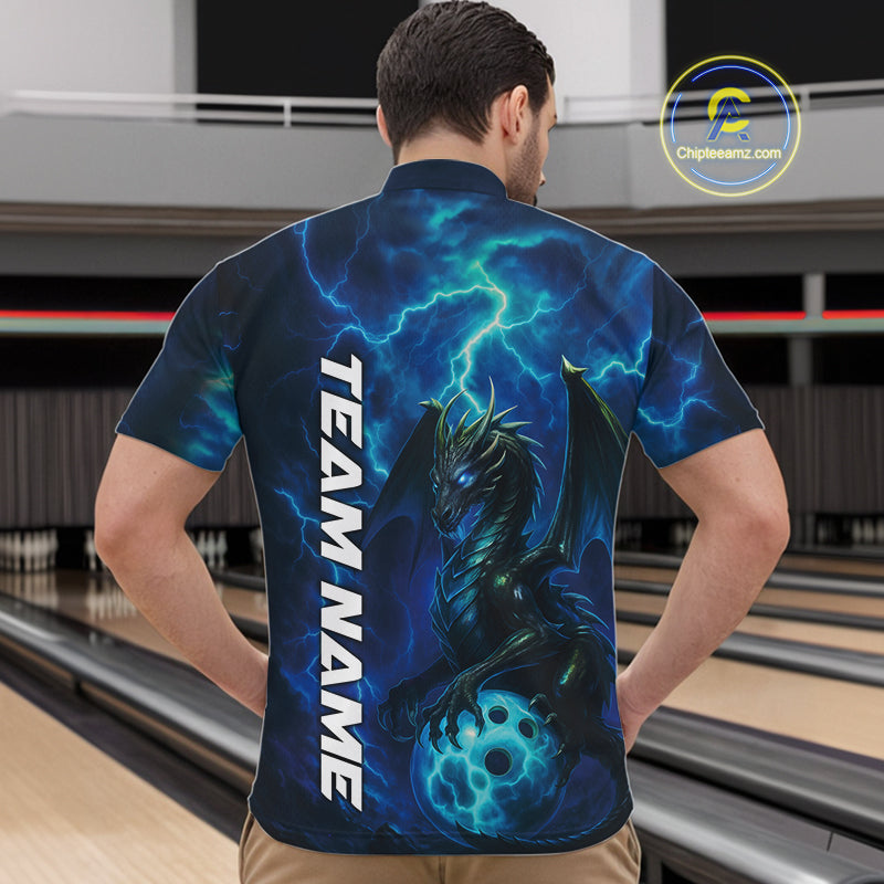 Custom Blue Thunder Lightning Bowling Team Men Quarter-Zip Shirt, Dragon Bowling Jerseys IPHW10194