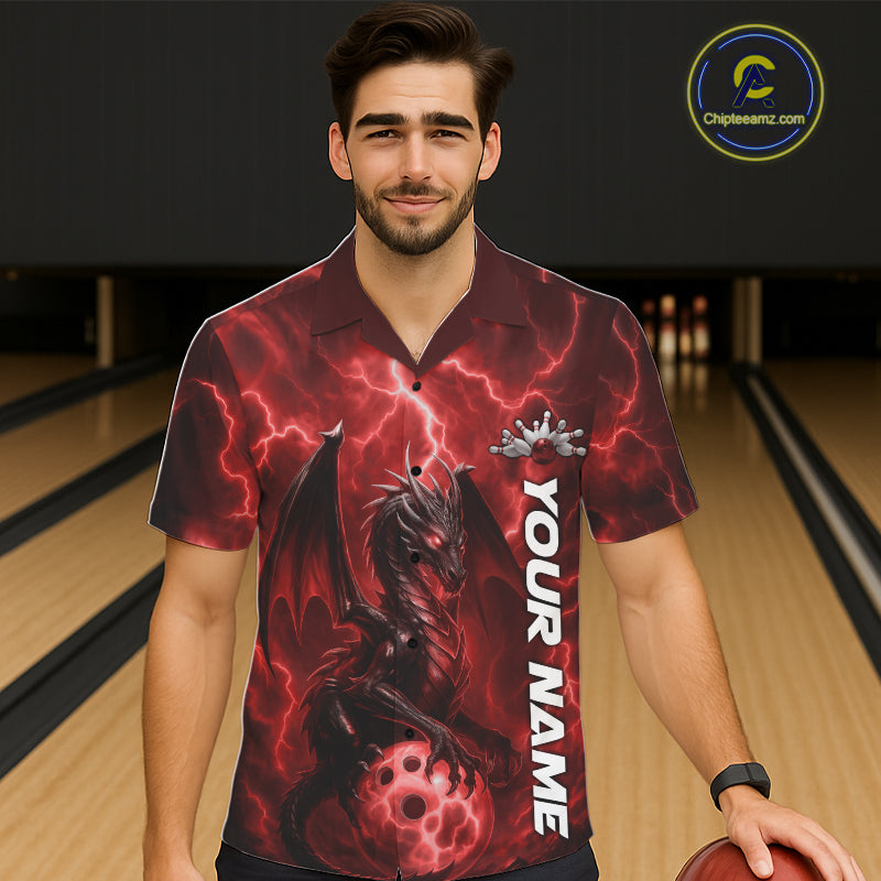 Custom Red Thunder Lightning Bowling Team Men And Women Hawaiian Shirt, Dragon Bowling Jerseys IPHW10195