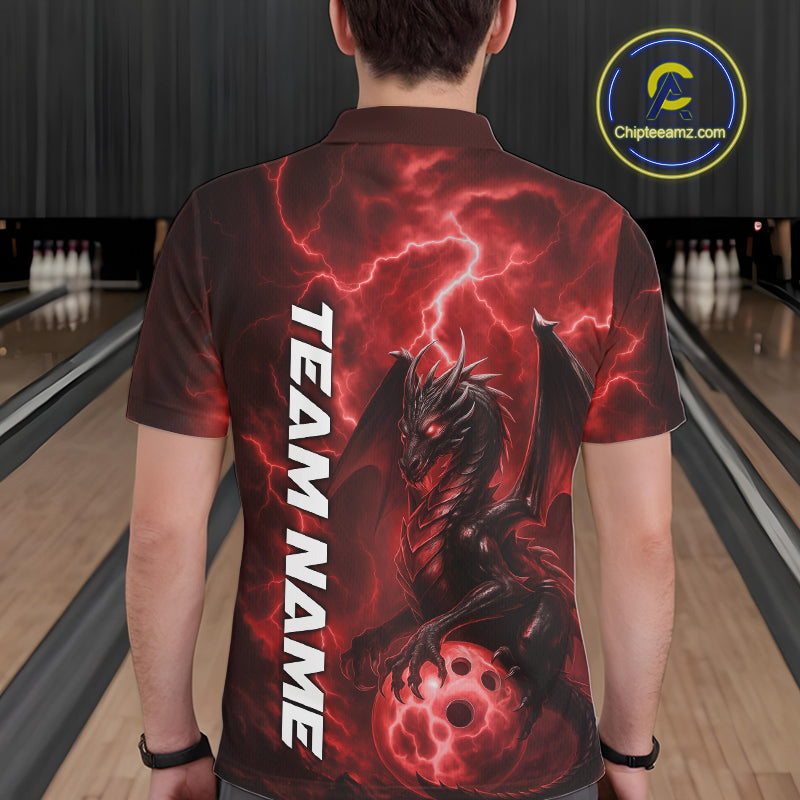 Custom Red Thunder Lightning Bowling Team Men Polo Shirt, Dragon Bowling Jerseys IPHW10195