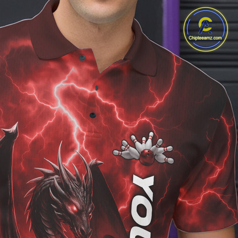 Custom Red Thunder Lightning Bowling Team Men Polo Shirt, Dragon Bowling Jerseys IPHW10195