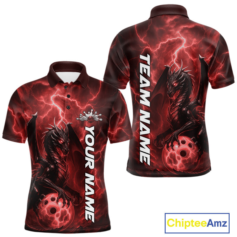 Custom Red Thunder Lightning Bowling Team Men Polo Shirt, Dragon Bowling Jerseys IPHW10195