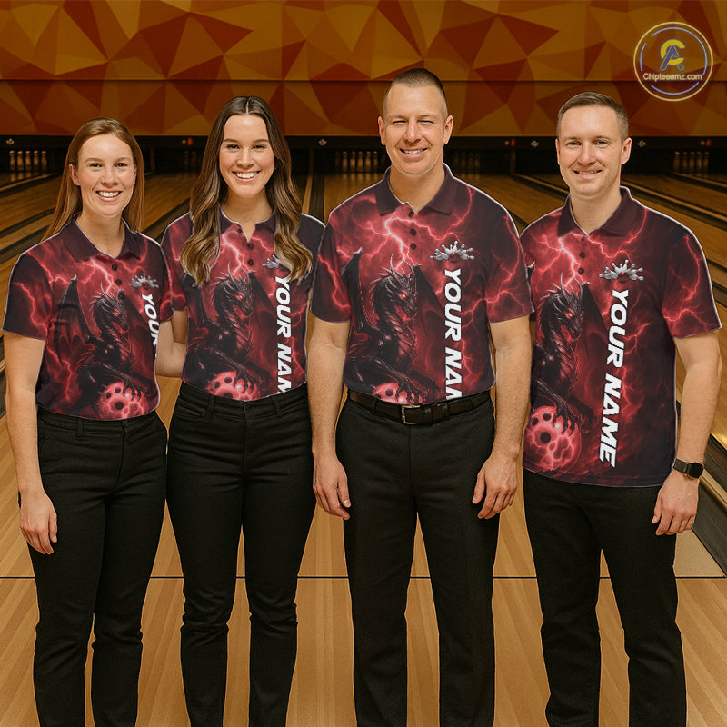 Custom Red Thunder Lightning Bowling Team Men Polo Shirt, Dragon Bowling Jerseys IPHW10195