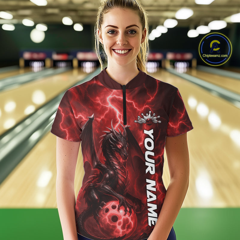 Custom Red Thunder Lightning Bowling Team Women Shirt, Dragon Bowling Jerseys IPHW10195