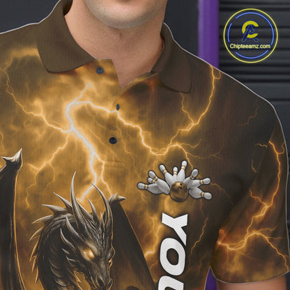 Custom Yellow Thunder Lightning Bowling Team Men Polo Shirt, Dragon Bowling Jerseys IPHW10198