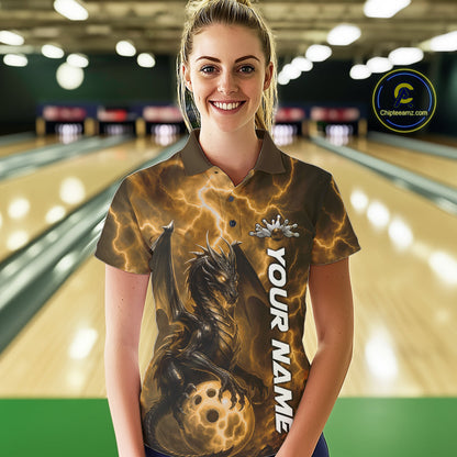 Custom Yellow Thunder Lightning Bowling Team Women Polo Shirt, Dragon Bowling Jerseys IPHW10198