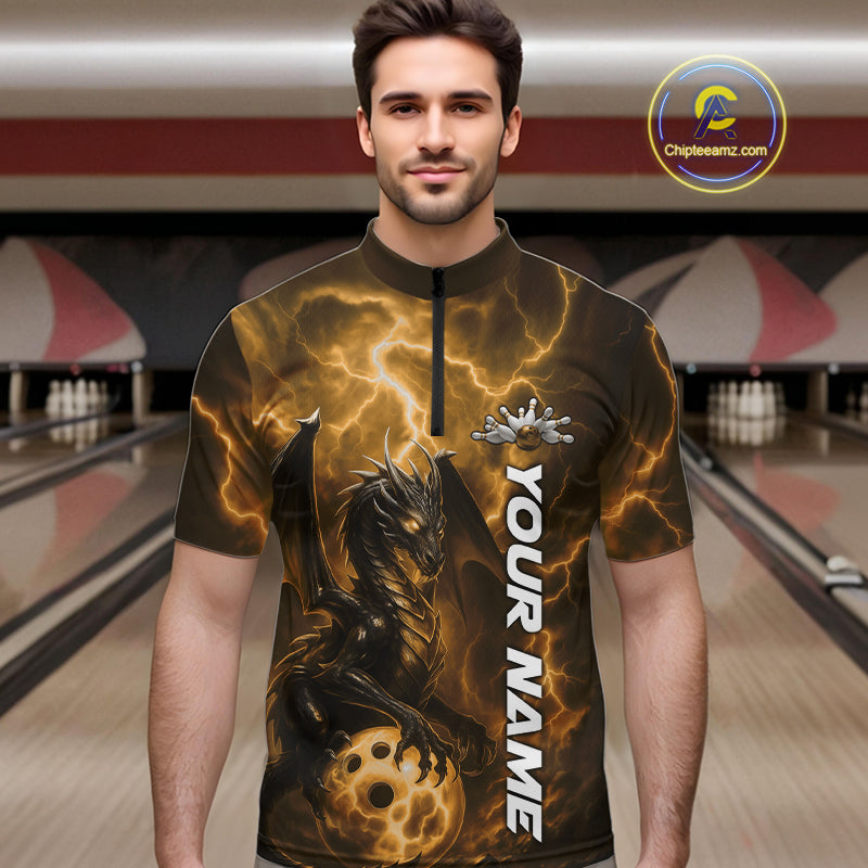 Custom Yellow Thunder Lightning Bowling Team Men Quarter-Zip Shirt, Dragon Bowling Jerseys IPHW10198