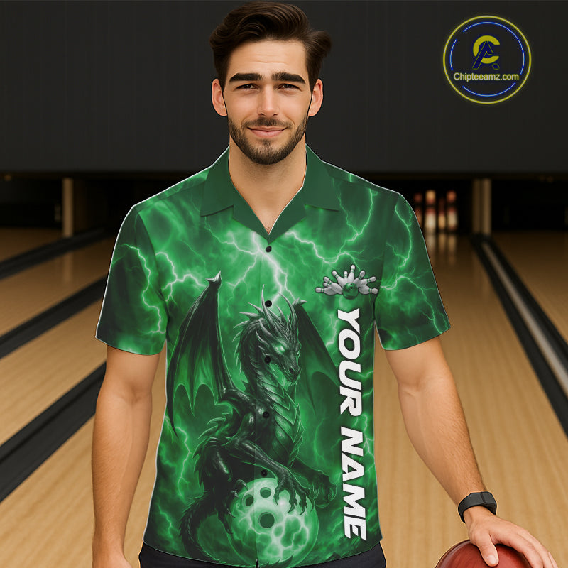 Custom Green Thunder Lightning Bowling Team Men And Women Hawaiian Shirt, Dragon Bowling Jerseys IPHW10199