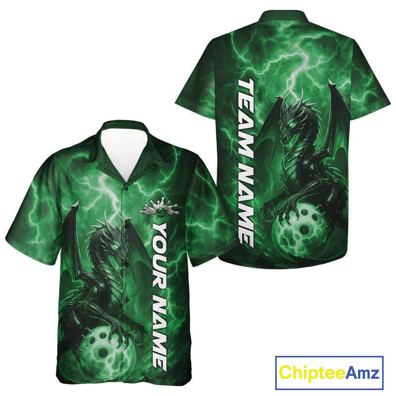 Custom Green Thunder Lightning Bowling Team Men And Women Hawaiian Shirt, Dragon Bowling Jerseys IPHW10199