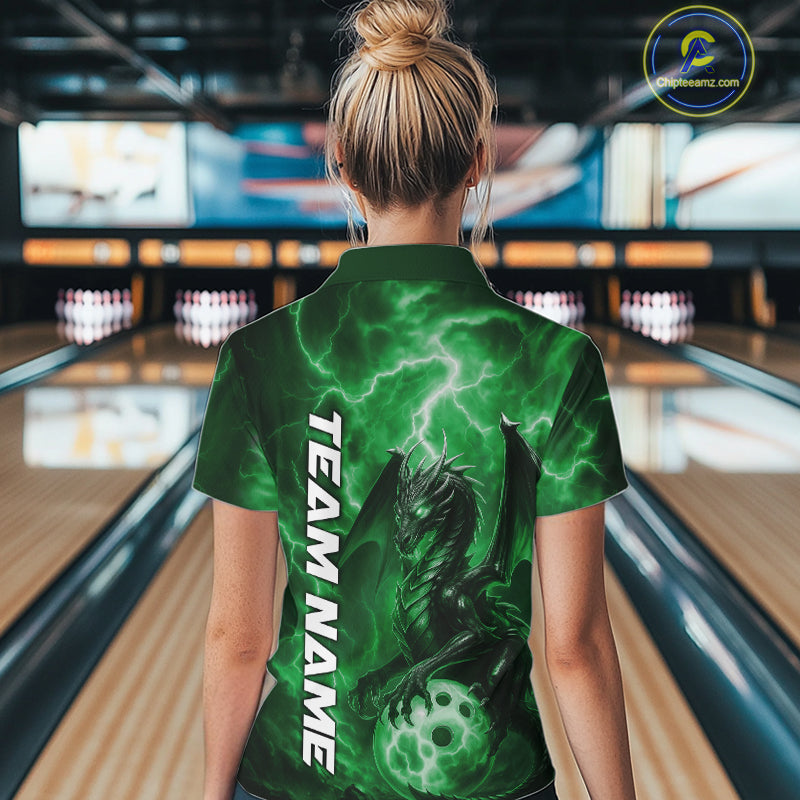 Custom Green Thunder Lightning Bowling Team Women Shirt, Dragon Bowling Jerseys IPHW10199