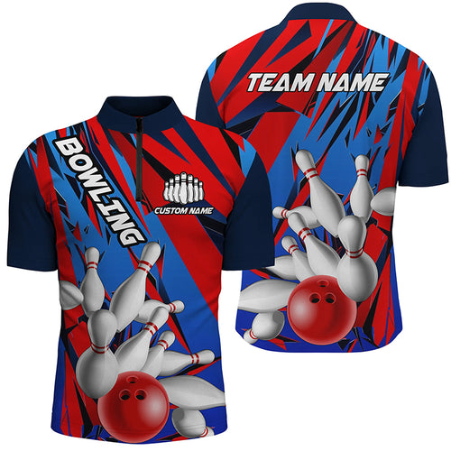 Blue And Red Custom Strike Bowling Team Shirts, Patriotic Unisex Bowling Tournament Jerseys IPHW6258