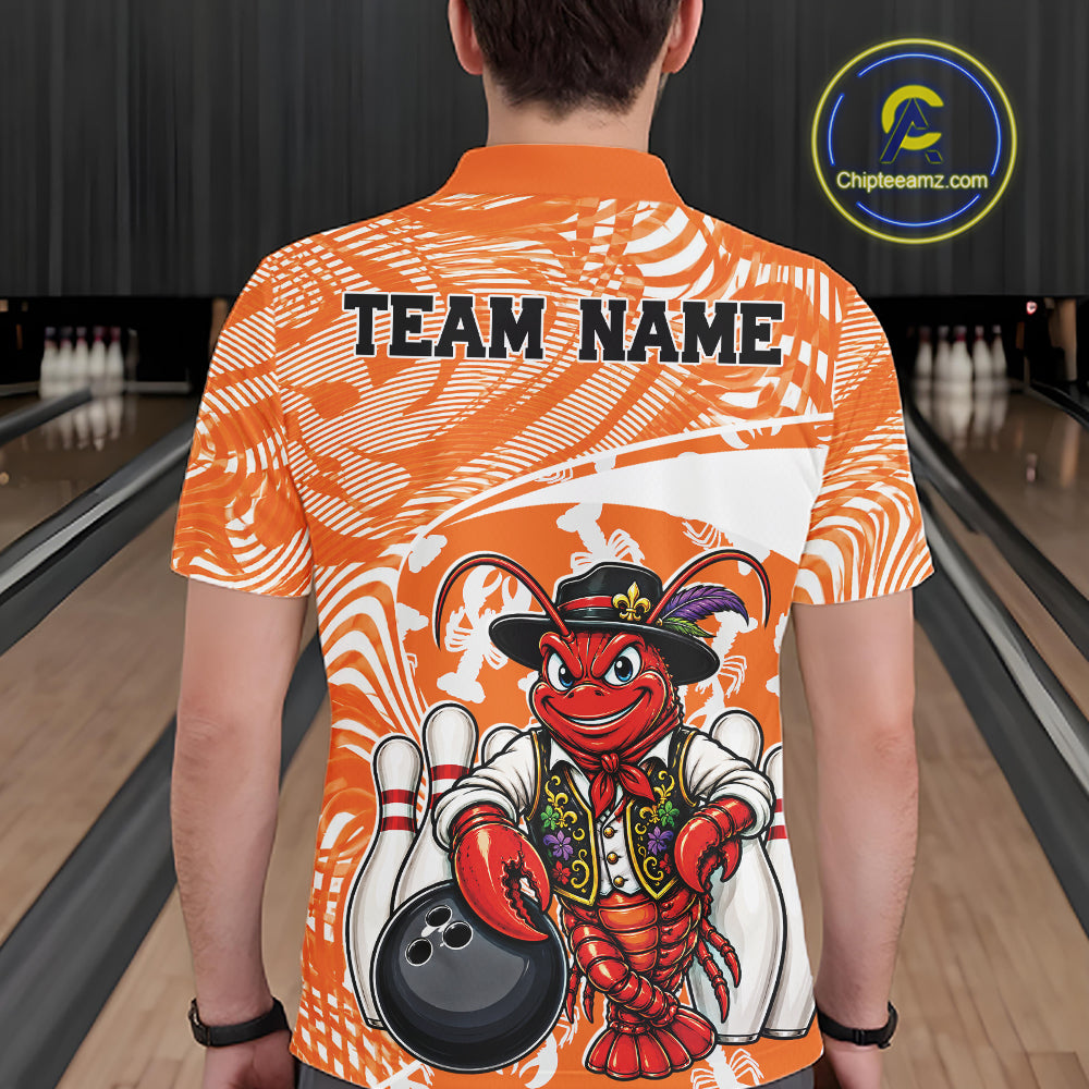 Back view of a male model in a bowling alley wearing an orange custom bowling polo shirt with a funny Cajun crawfish leaning on a bowling ball and a swamp inspired texture background.