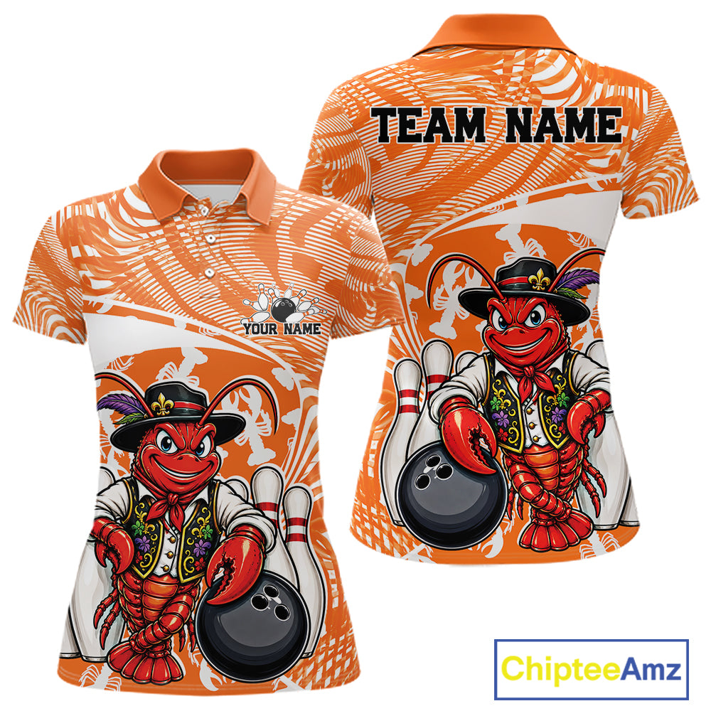 Front and back views of an orange custom women's bowling polo shirt featuring a funny Cajun crawfish leaning on a bowling ball with a swamp inspired texture background.