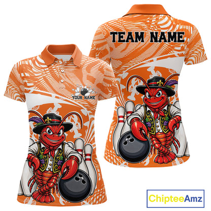Front and back views of an orange custom women's bowling polo shirt featuring a funny Cajun crawfish leaning on a bowling ball with a swamp inspired texture background.