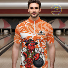 Load image into Gallery viewer, Front view of a male model in a bowling alley wearing an orange custom quarter-zip bowling shirt with a funny Cajun crawfish leaning on a bowling ball and a swamp-inspired texture background.