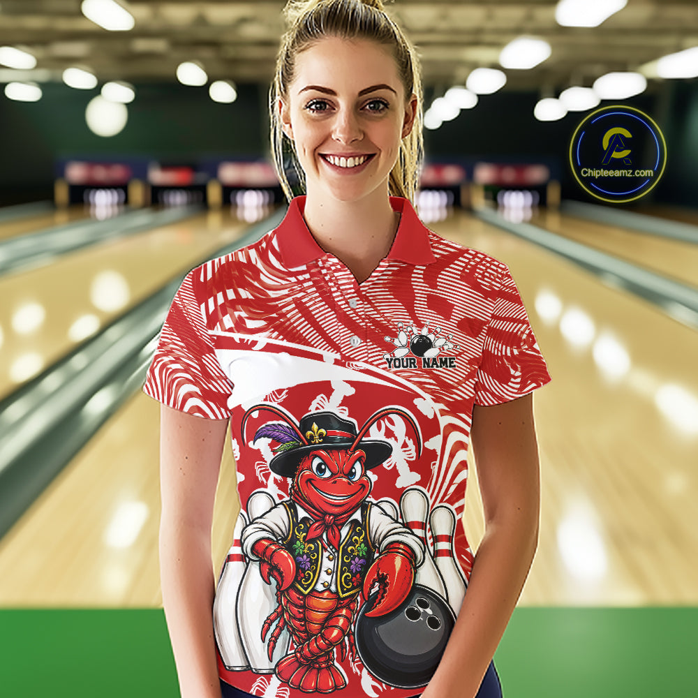 Front view of a female model in a bowling alley wearing a red custom bowling polo shirt with a funny Cajun crawfish leaning on a bowling ball and a swamp inspired texture background.