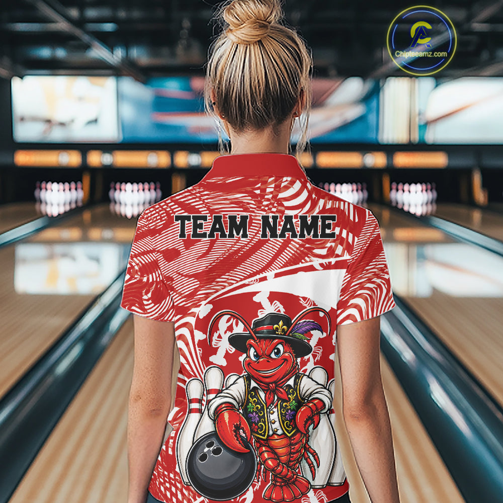 Back view of a female model in a bowling alley wearing a red custom bowling polo shirt with a funny Cajun crawfish leaning on a bowling ball and a swamp-inspired texture background.