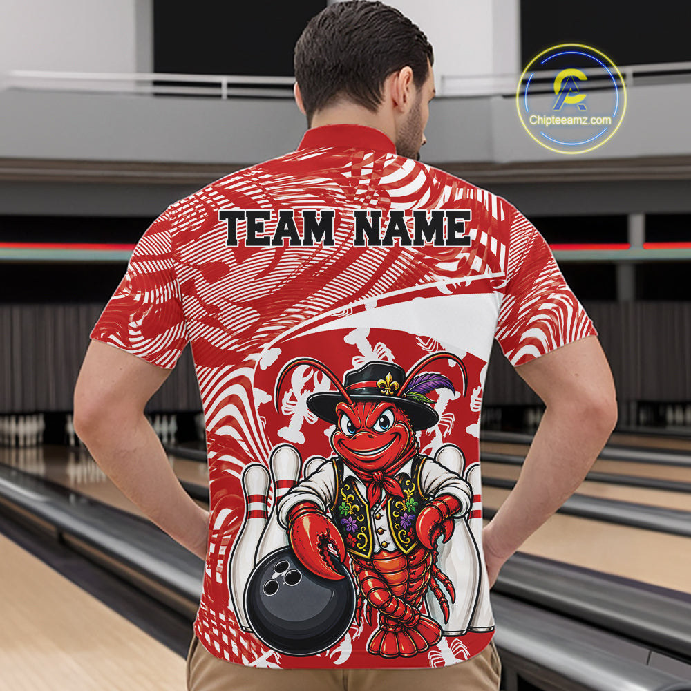 Back view of a male model in a bowling alley wearing a red custom quarter-zip bowling shirt with a funny Cajun crawfish leaning on a bowling ball and a swamp-inspired texture background.