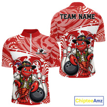 Load image into Gallery viewer, Front and back views of a red custom quarter-zip bowling shirt featuring a funny Cajun crawfish leaning on a bowling ball with a swamp-inspired texture background.