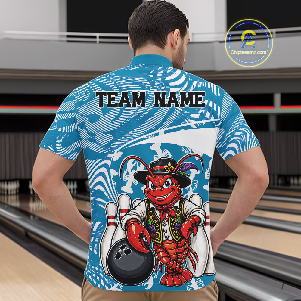 Back view of a male model in a bowling alley wearing a blue custom quarter-zip bowling shirt with a funny Cajun crawfish leaning on a bowling ball and a swamp-inspired texture background.