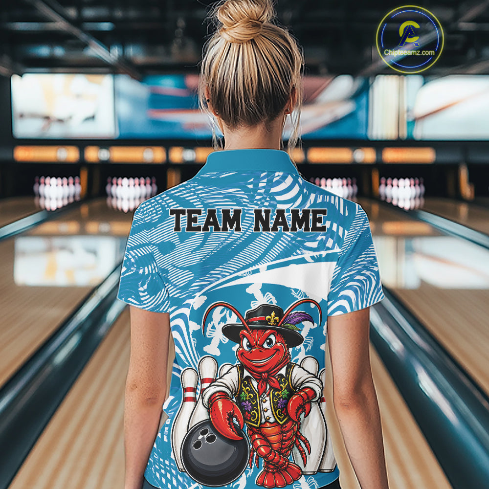 Back view of a female model in a bowling alley wearing a blue custom quarter-zip bowling shirt with a funny Cajun crawfish leaning on a bowling ball and a swamp-inspired texture background.