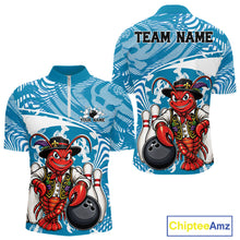 Load image into Gallery viewer, Front and back views of a blue custom quarter-zip bowling shirt featuring a funny Cajun crawfish leaning on a bowling ball with a swamp-inspired texture background.