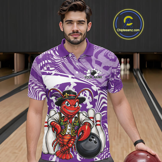 Front view of a male model in a bowling alley wearing a purple custom bowling polo shirt with a funny Cajun crawfish leaning on a bowling ball and a swamp inspired texture background.